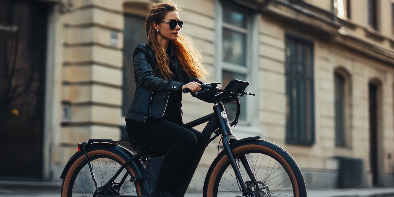 Electric Bike For Women riding in the street near building