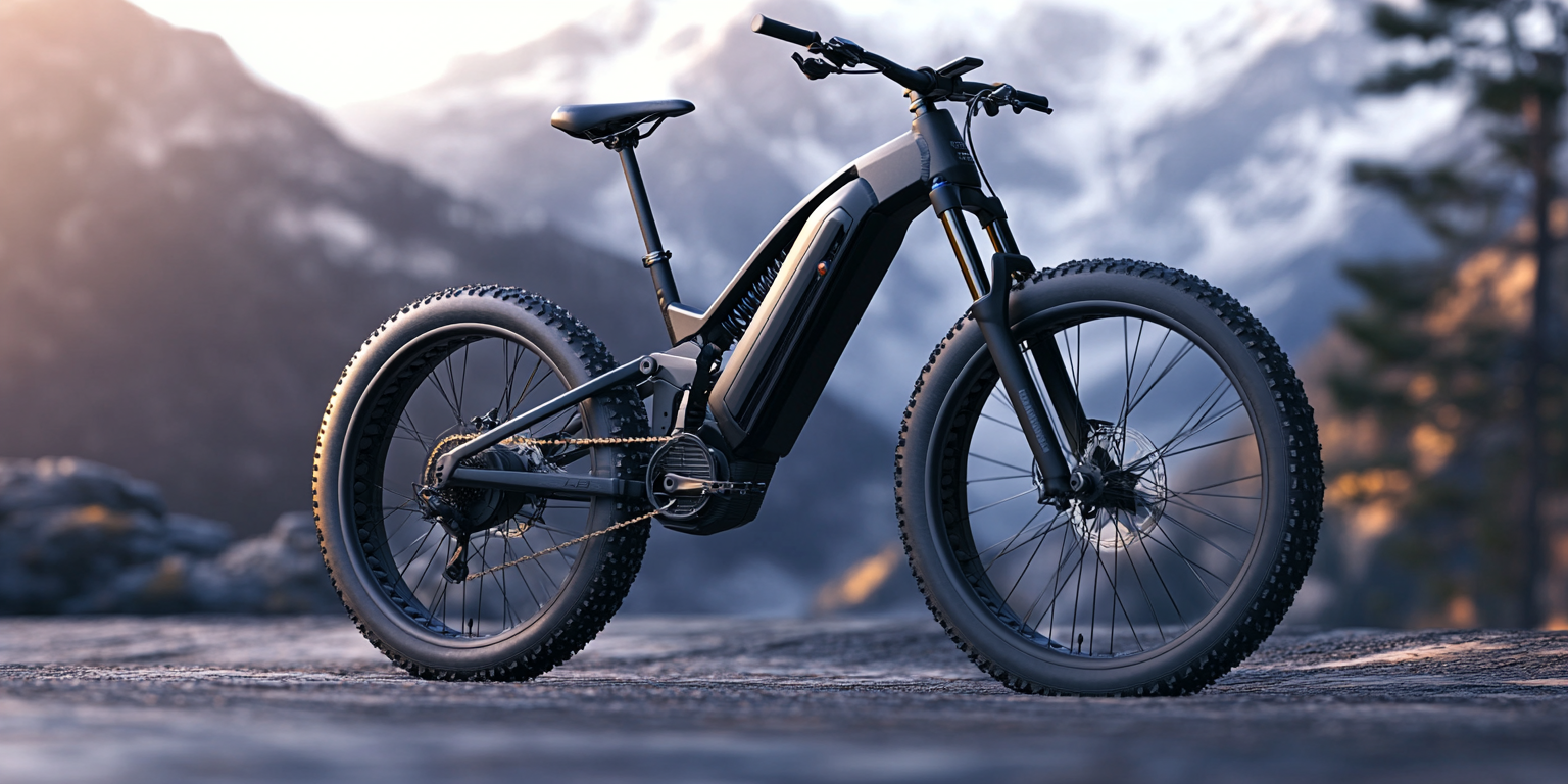Electric Mountain Bike With Full Suspension on the street next to snow mountains